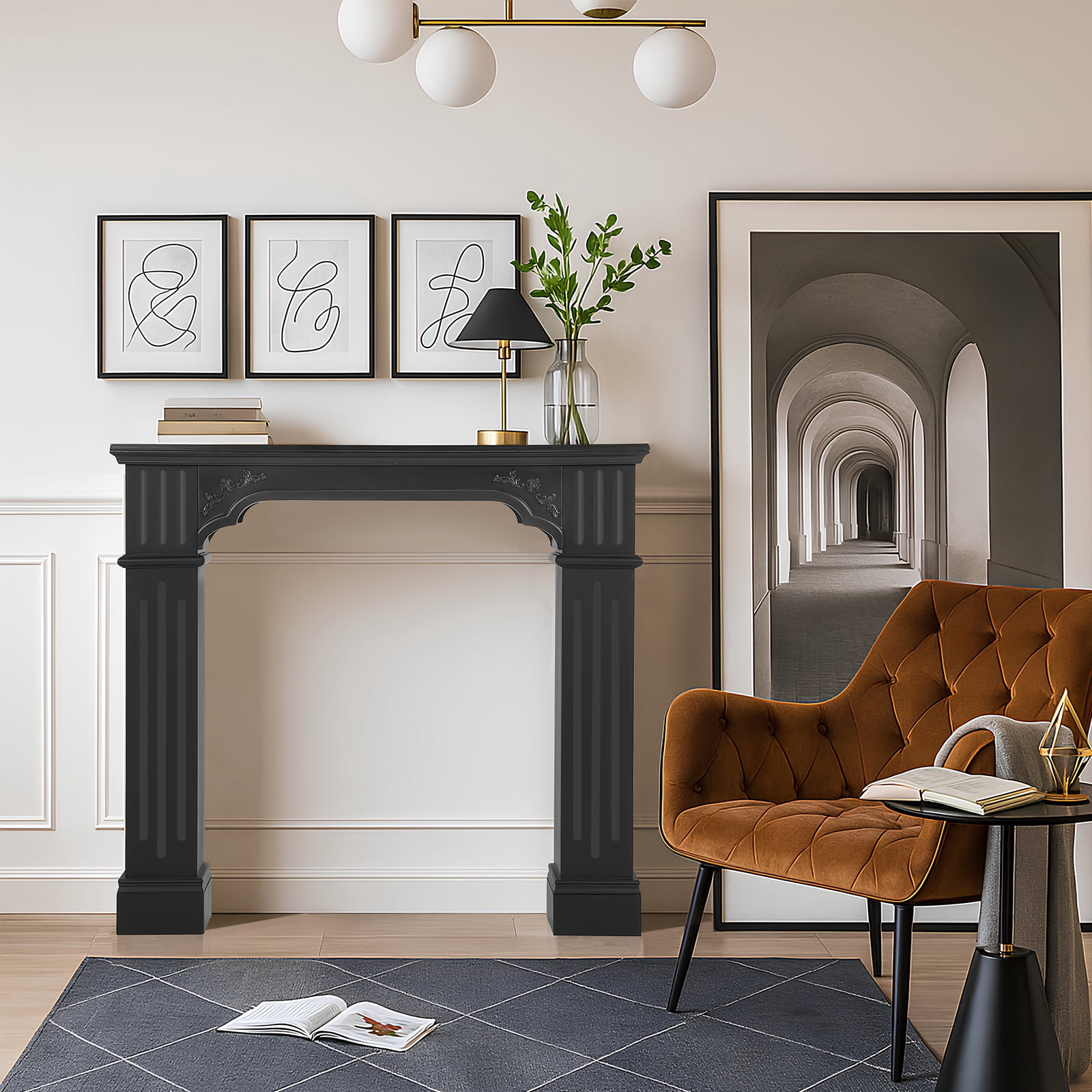 OUINCH 43.3" Fireplace Mantel, Freestanding Fireplace Surround with Leg for Electric Fireplaces, MDF Mantel Surround with Shelf for Living Room with Decorative Pattern, Anti-Tipping & Waterproof