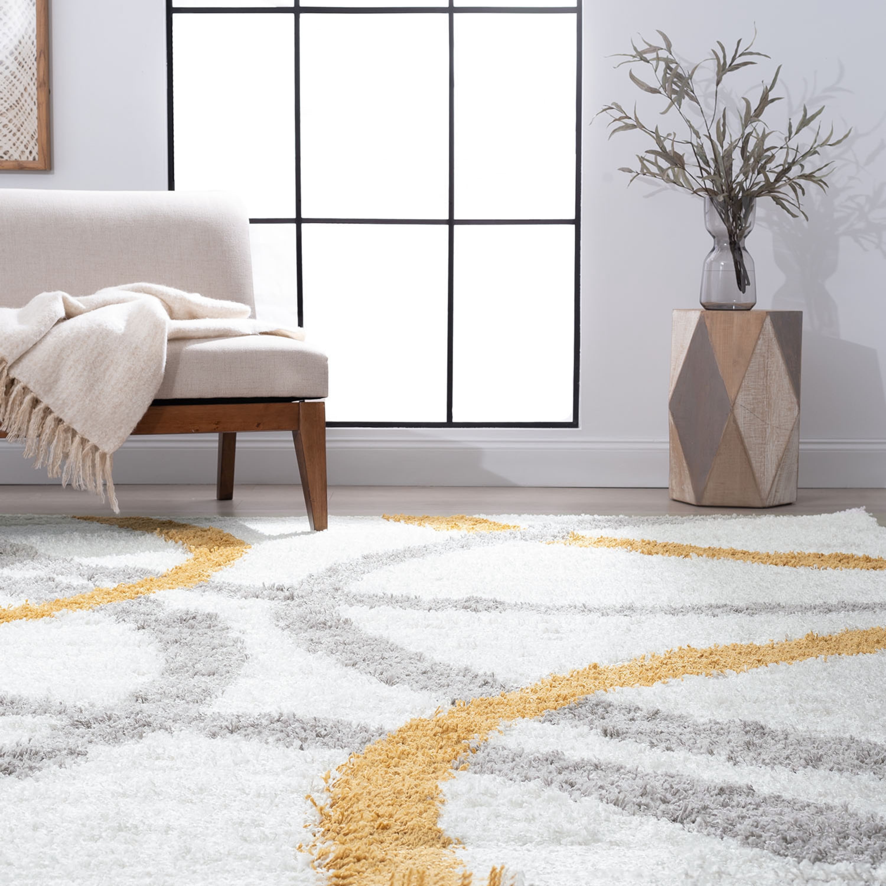 Bliss Rug Abstract Indoor Shag Rug for Living Room, Bedroom, Kids Room |Yellow/White, 9' x 12' (8'10''x12'2'')