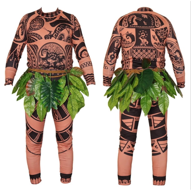 Disfraz de Maui de 3 piezas, disfraz de cosplay con tatuaje de Maui, camiseta, pantalones, disfraz de Halloween con falda de hojas
