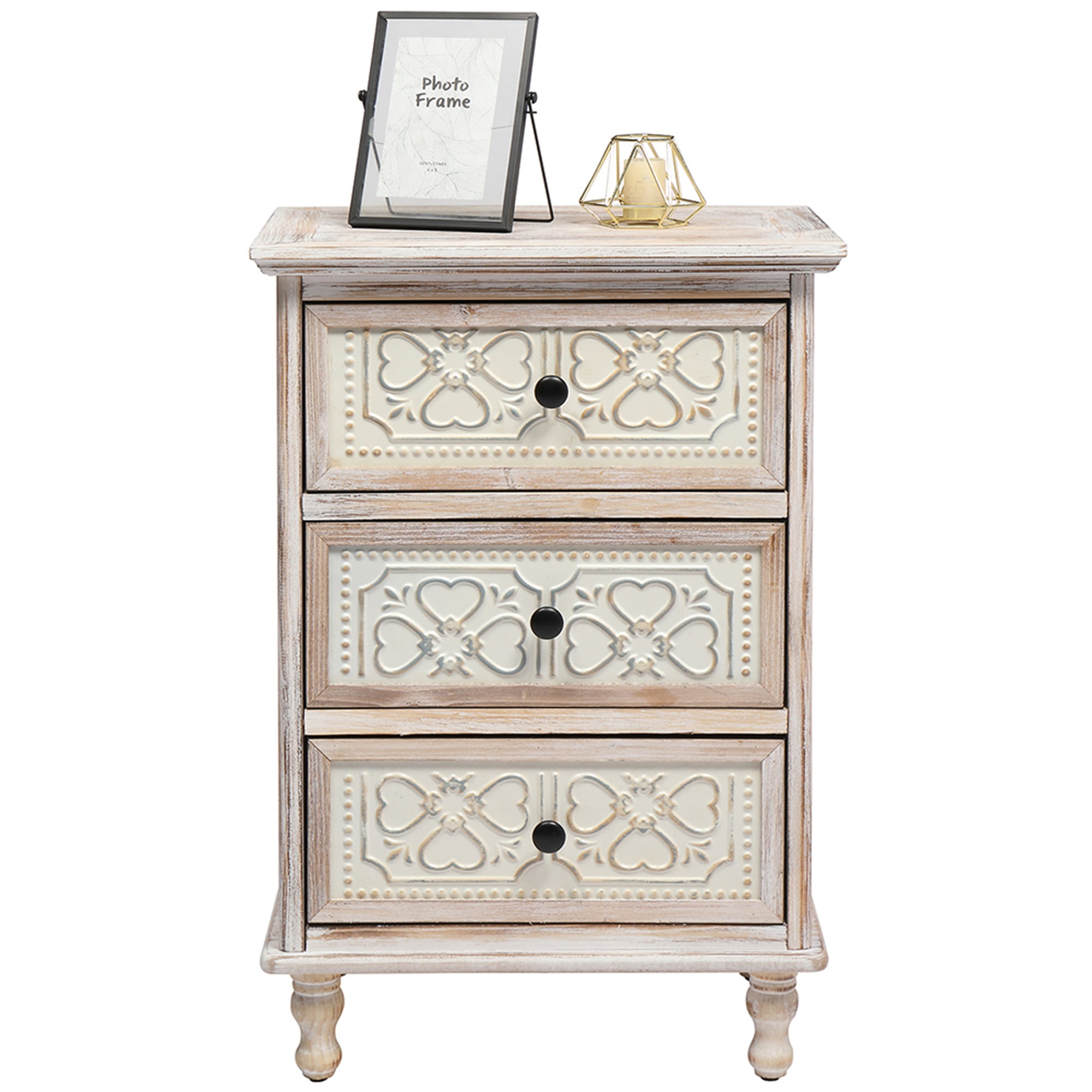 Kepooman 3 Drawer Nightstand, Durable Solid Wood and MDF Finish Fir Construction Decorative Storage Cabinet, Bedroom, Living Room, Entryway Washed White Finish Iron Carved Nightstand Kepooman 3 Drawer Nightstand, Durable Solid Wood and MDF Finish Fir Construction Decorative Storage Cabinet, Bedroom, Living Room, Entryway Washed White Finish Iron Carved Nightstand