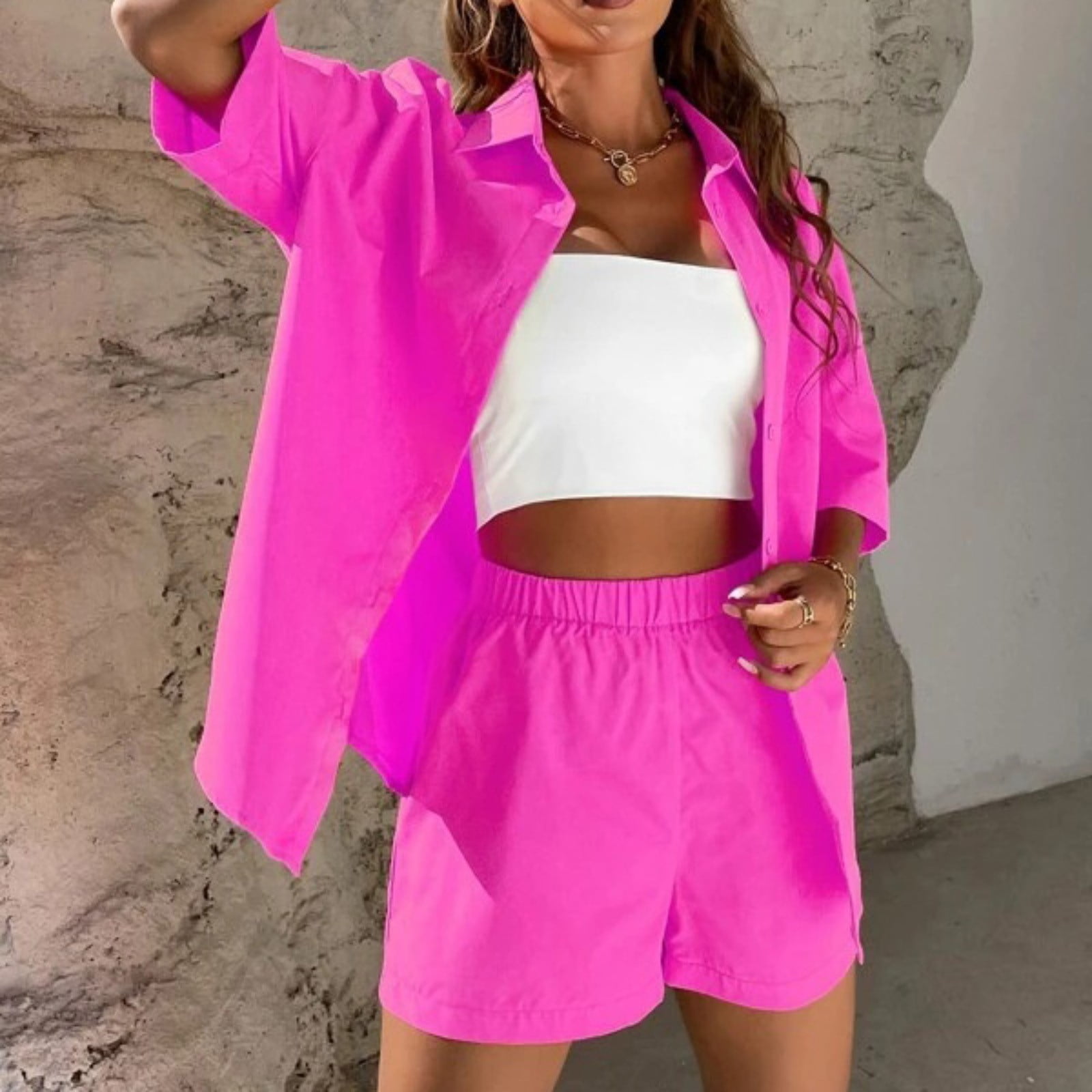 Darong Women's Summer 2-Piece Outfit Set - Long Sleeve Button-Down Shirt & Matching Shorts, Beach Lounge Set
