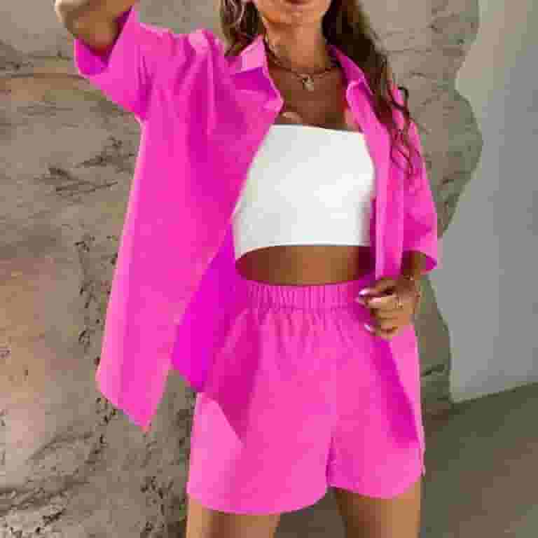 Darong Women's Summer 2-Piece Outfit Set - Long Sleeve Button-Down Shirt & Matching Shorts, Beach Lounge Set