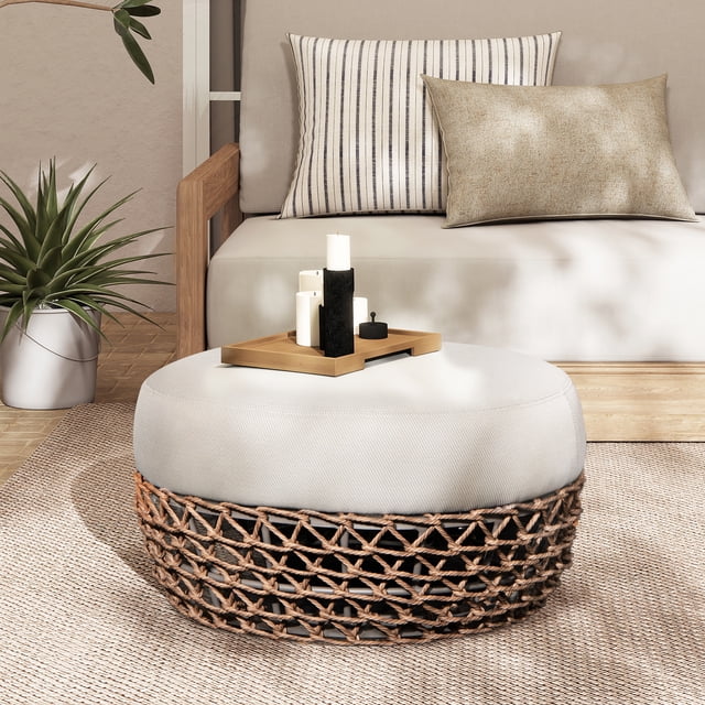 Willow Ottomane de Patio Ronde Rembourrée Tissée 25 Pouces Cadre en Osier Brun Doré Beige