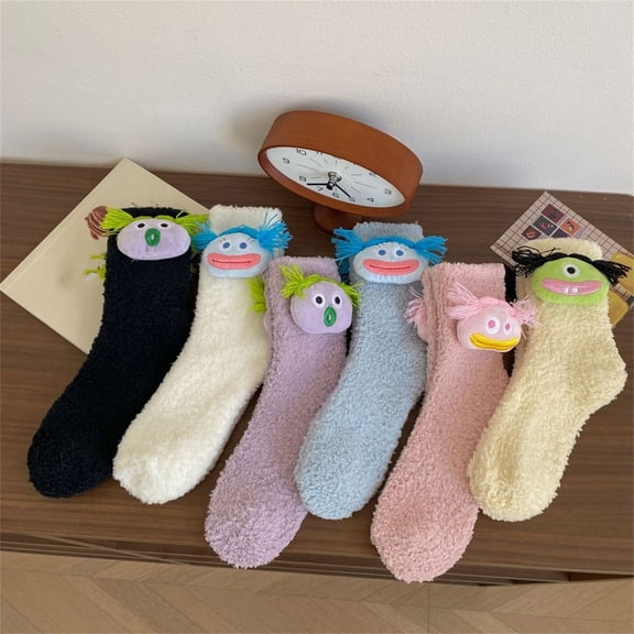 Cute 3D Cartoon Monster Fuzzy Crew Socks, Fluffy Warm Home Mid-Calf Socks, Cozy Plush Indoor Sleep Socks for Women