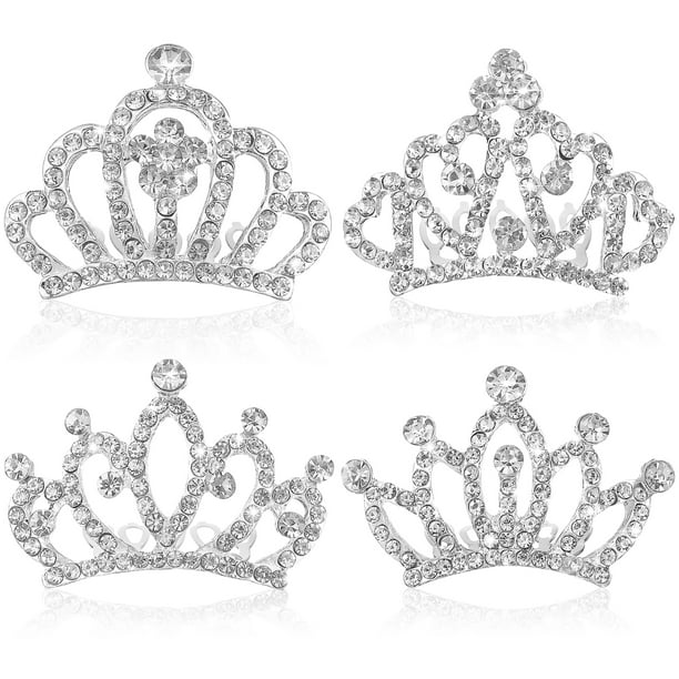 4 piezas: Corona de princesa con peine, tiara plateada con peine, diadema de cristal con pedrería, accesorio para el cabello para niñas pequeñas, ideal para fiestas de cumpleaños y fotografía.
