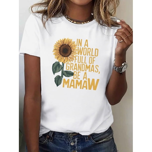 1pc Women'S Sunflower Graphic Tee, 100% Cotton Crew Neck T-Shirt with "Be a MAMAW" Slogan, Casual All-Season Knit Fabric Top