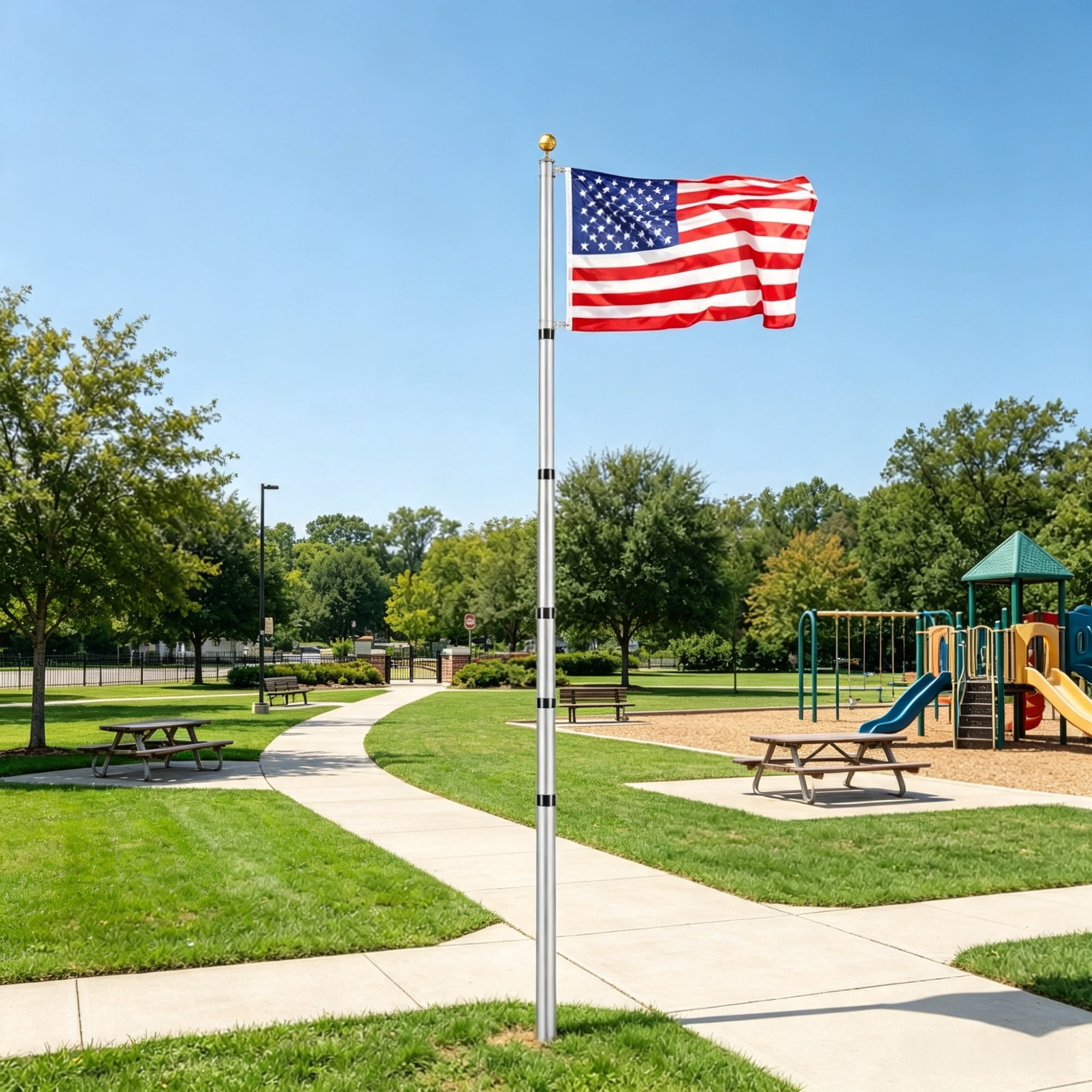 30FT Telescoping Flagpole Kit, Heavy Duty Aluminum In-Ground Flag Pole with 3 Display Modes, Includes 3x5 American Flag & Professional Accessories, Silver