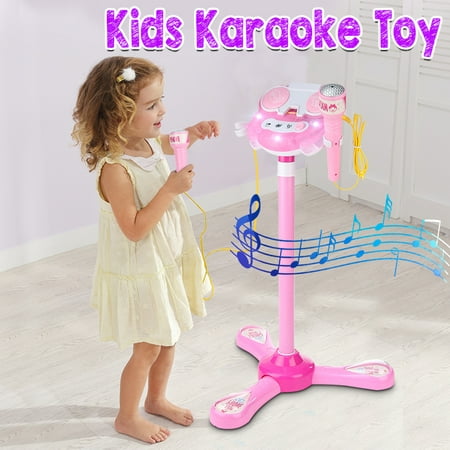 Kid Karaoke System Machine Toy Set Music MP3 Player With 2 Microphones Built in Speaker Adjustable Stand FOR Cellphone Table MP3 MP4 Gift with Flashing Stage Lights and