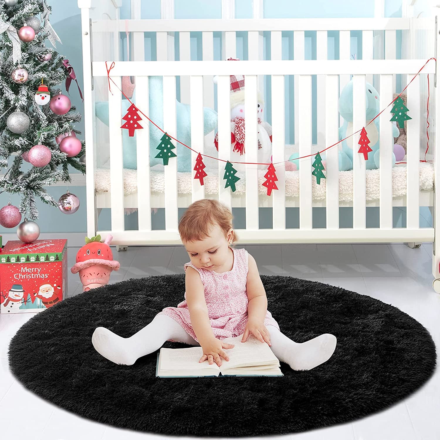 DweIke Round Rug for Bedroom,Soft Shaggy Area Rugs for Living Room Decor,Fluffy Circle Carpets for Nursery,6'x6',Black