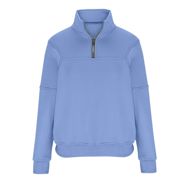 Cotton Fleece Quarter Zip Pullover Womens Plain Sweatshirt Casual Fall Winter Loose Long Sleeve Sweater Top Outwear Medium Light Blue
