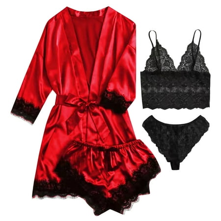 Dezsed Women s Satin Pajama Set 4pcs Lace Trim Cami Lingerie Sleepwear with Robe Clearance Women Wireless Bra Camisole Shorts Pajamas Robe Four Piece Set Red L