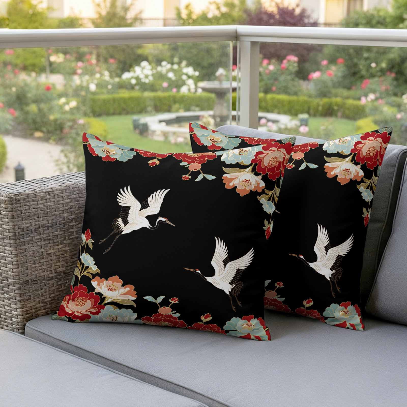 Pack of 2 Black Crane Outdoor Pillow Covers Decorative, Waterproof Pillow Protector, Vintage Red Teal Spring Floral Botanical Throw Pillowcases Accent Cushion Cases for Patio Couch Sofa 18"x18"