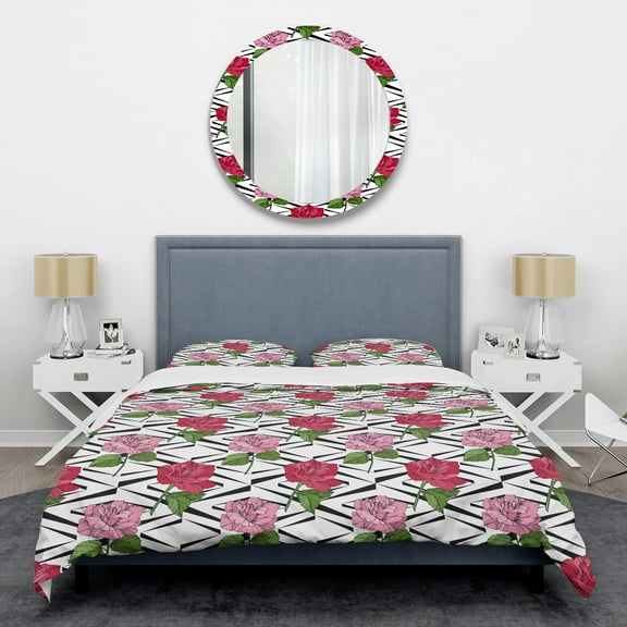 Designart 'Retro Pink And Red Roses' Mid-Century Modern Duvet Cover Set