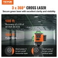 thumbnail image 2 of VEVOR 100ft Self Leveling Laser Level, Manual Green 3 x 360° Cross Line Laser,  IP54 Waterproof 8h Continuous Working Time Line Laser, Battery/Stand Included, 2 of 9