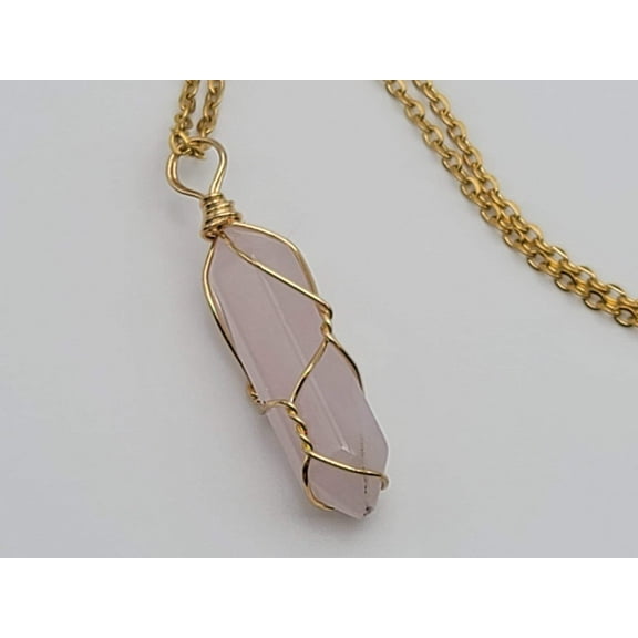 Gold Wire Wrapped Rose Quartz Healing Crystal Point Necklace