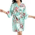 thumbnail image 4 of Defitshape Women's Satin Kimono Robe Lightweight Silk V Neck Pattern Dressing Gown Floral Print Bathrobe Short Belted Spa Sleepwear Bridal Bride 3/4 Sleeve Green Large, 4 of 5