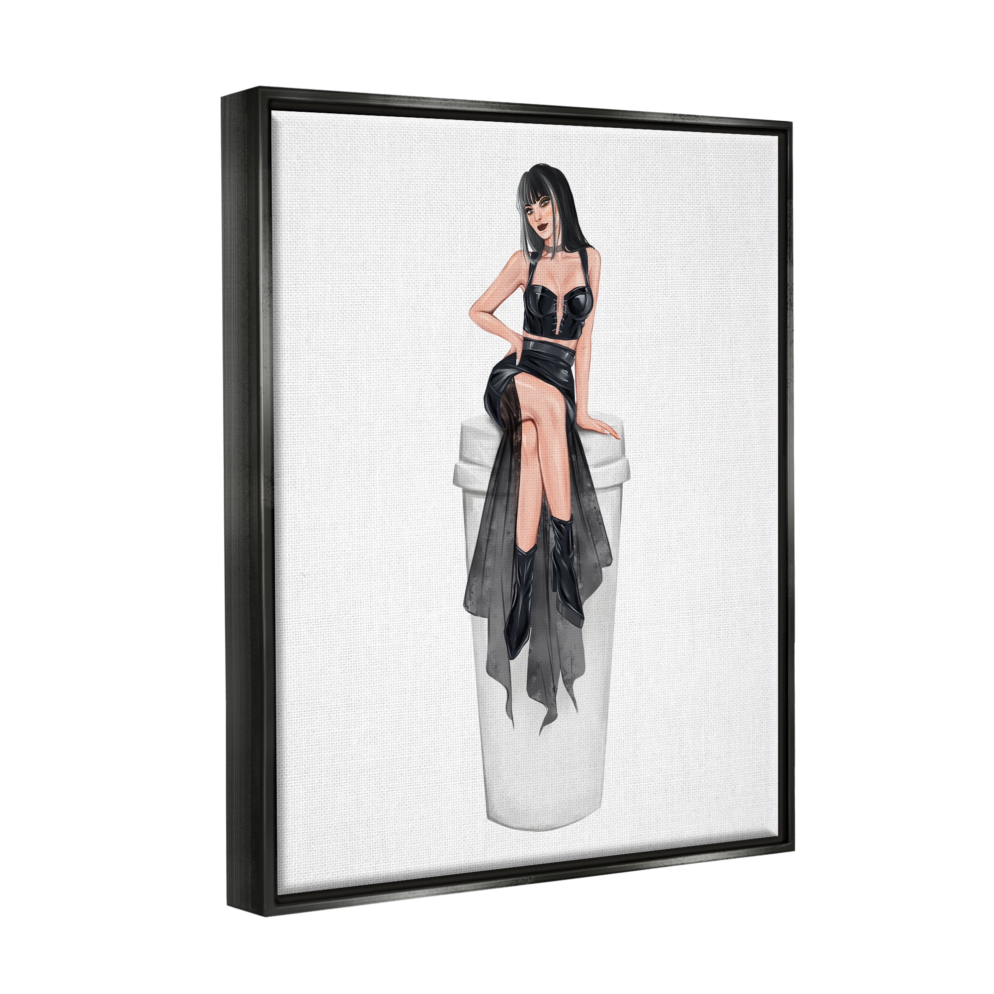 Stupell Fashionable Woman Glam Coffee Cup Beauty & Fashion Painting Black Floater Framed Art Print Wall Art