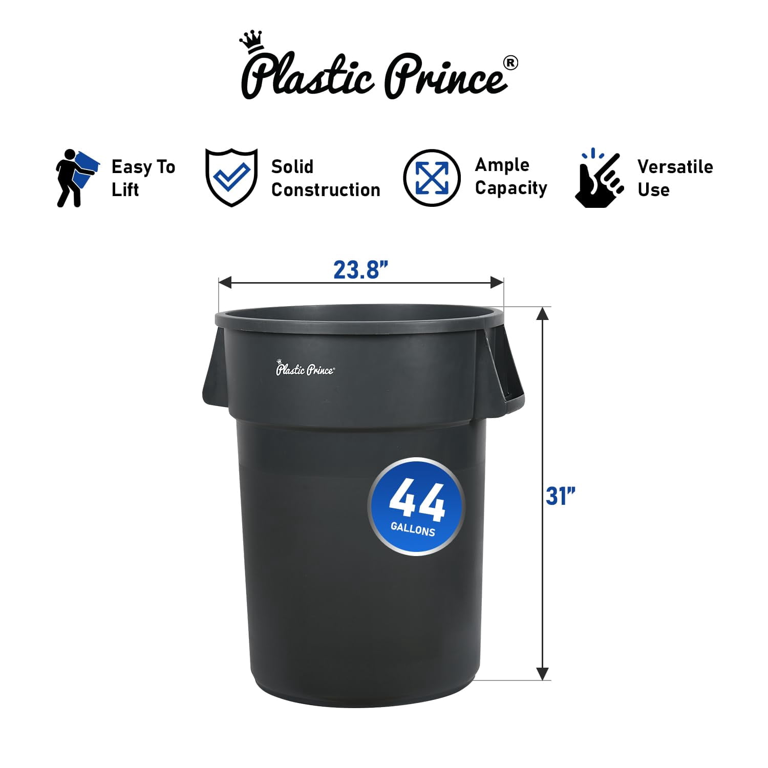 Plastic Prince 44 Gallon Round Trash Can with Lid Garbage Can Gray Waste Container for Home Garage Restaurants Warehouses