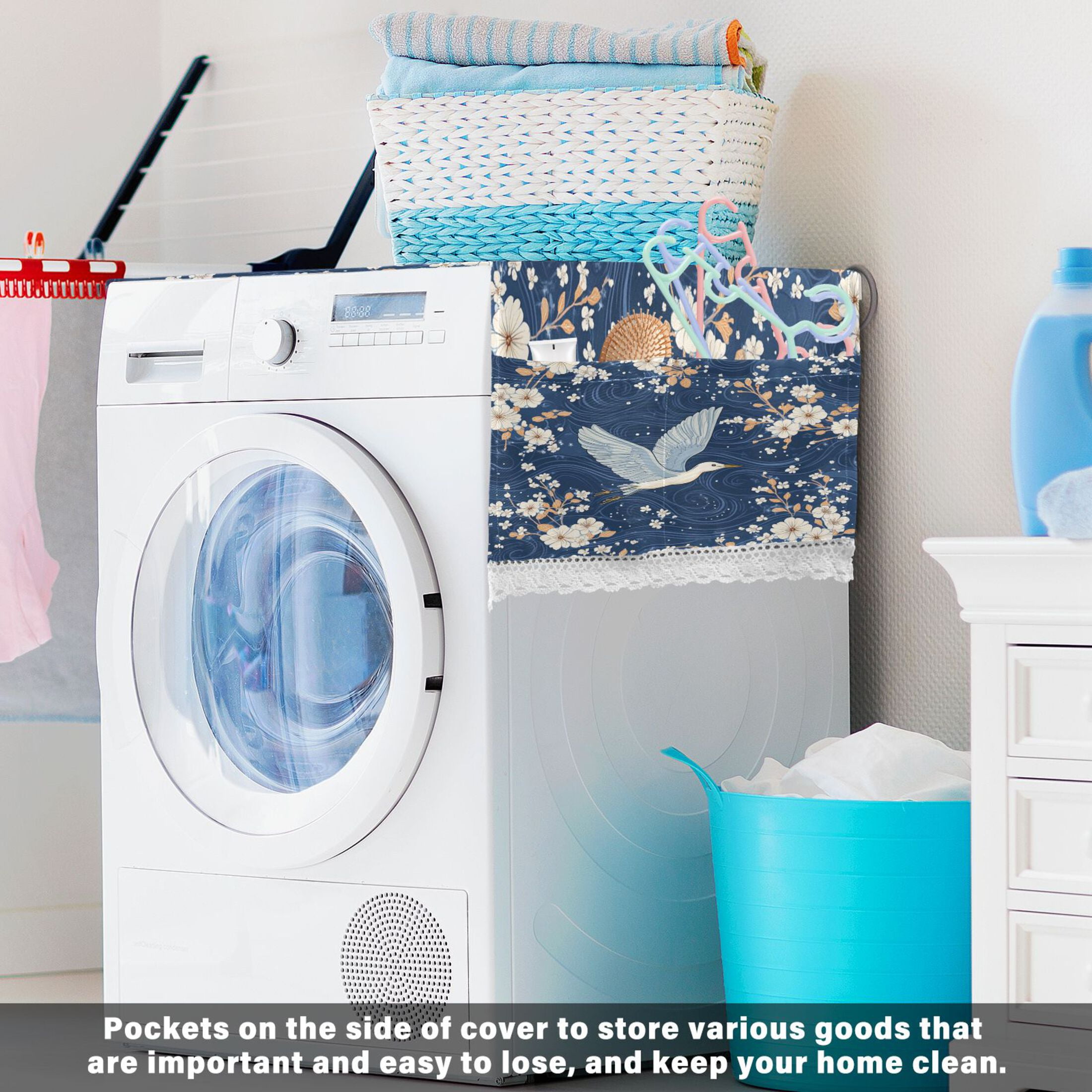 Seagulls Soaring over White Flowers and The OceanWasher and Dryer Covers Dust-Proof and Oil Resistant Fridge Cover with 4 Storage Pockets Washing Machine Top Cover for Laundry Kitchen Home 51.2 x 22