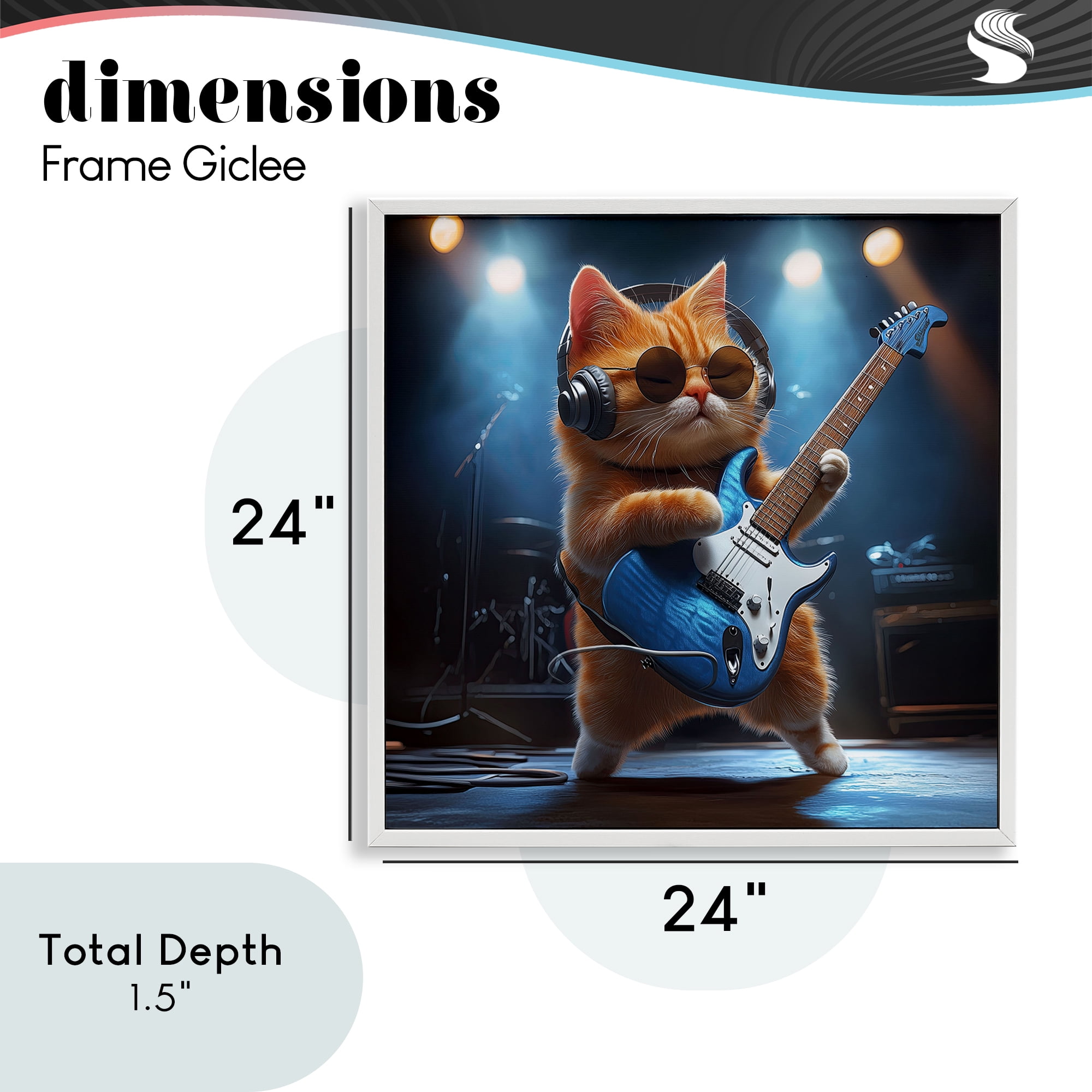 Cat Guitarist in Band White Framed Giclee Art, design by Jim Baldwin