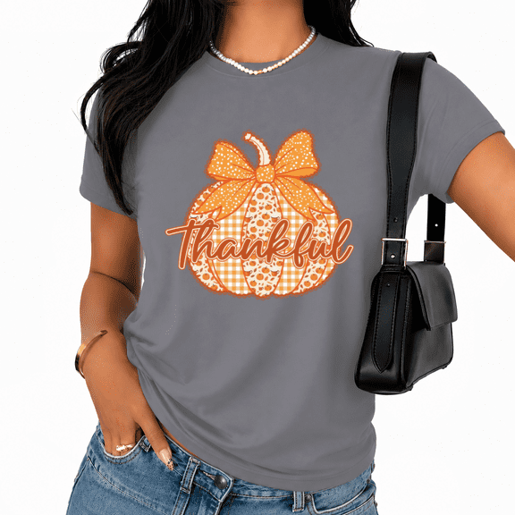 Cozymy Thankful Pumpkin Graphic Tee Women's Short Sleeve Crewneck Fall Thanksgiving Casual T-Shirt