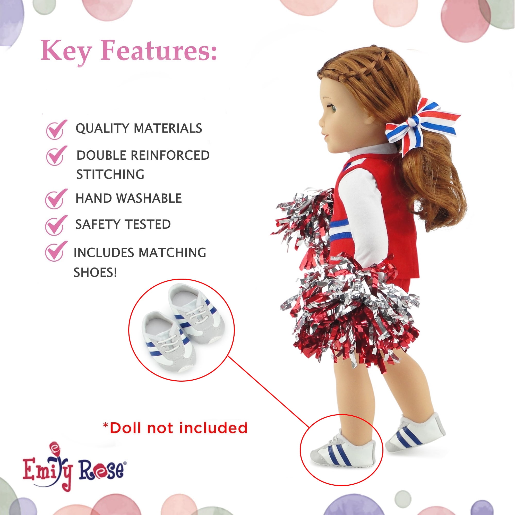 Emily Rose 18 Inch Doll Clothes and Accessories 7 Piece USA Modern Cheer Cheerleader Outfit, Including Doll Gym Shoes and Pom-Poms! | Compatible with 18" American Girl and Our Generation Dolls