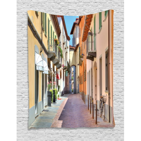 City Tapestry, Town of Alba Piedmont Northern Italy Narrow Stone Paved Street Among Colorful Houses, Wall Hanging for Bedroom Living Room Dorm Decor, Multicolor, by (Best Cities In Northern Italy)