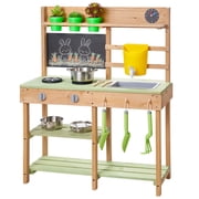 KFFKFF Outdoor Wooden Mud Kitchen for Kids, Backyard Play Kitchen with Stove, Sink, Water Tank, Gardening Tools, Cooking Utensils, Storage Box, and Accessories, Ideal for Home or Garden Play