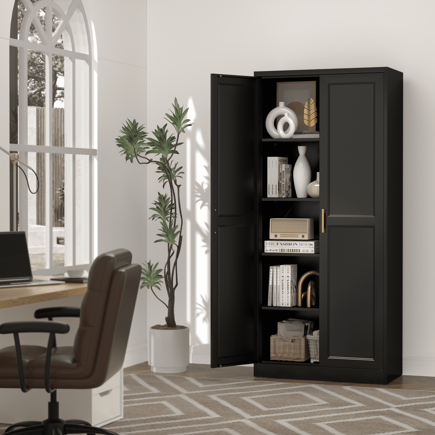 Polup 71" Height Metal Black Storage Cabinet, Modern Tall Steel Pantry Cupboard with 2 Doors and Adjustable Shelves for Kitchen Garage and Home