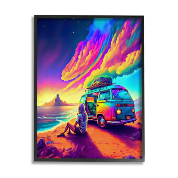 Stupell Industries Vacation Van on Beach Landscape Painting Black Framed Art Print Wall Art, 11 x 14