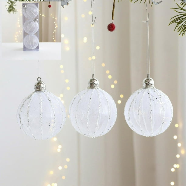 Adornos de bola colgantes para árbol de Navidad | Juego de bolas de espuma plástica de 8 cm | Rosa Blanco Plata | Estilos brillantes de lentejuelas brillantes | Caja de 4 | Decoración para fiestas
