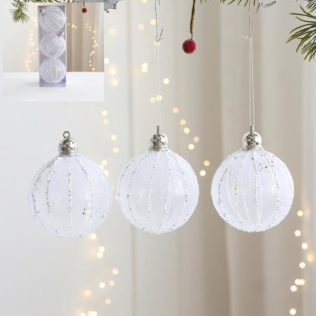 Adornos de bola colgantes para árbol de Navidad | Juego de bolas de espuma plástica de 8 cm | Rosa Blanco Plata | Estilos brillantes de lentejuelas brillantes | Caja de 4 | Decoración para fiestas