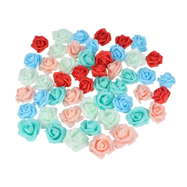 50 rosas artificiales de imitación, adornos de flores realistas para ramos de boda, dulces, flores decorativas (azul cielo, fluorescente, verde, rojo, naranja claro, azul, 10 unidades cada una)