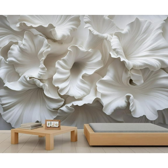 Stereo Relief White Peony Flowers Wall Mural, Nordic Flower Art 3D Wallpaper Mural, Modern Petals Wall Murals Wallpaper For Woman Bedroom Bedside Living Room 55"W x 28"H (Not Peel and Stick)