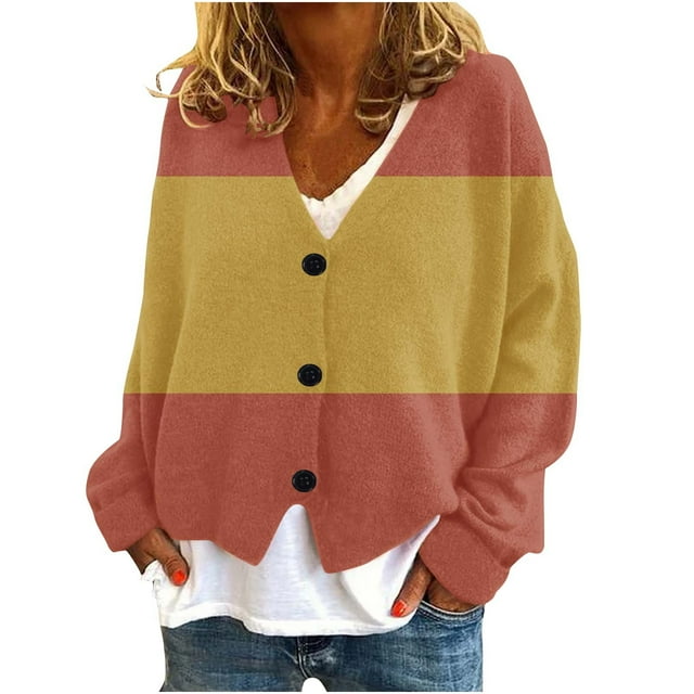Kaemgyyd Plus Size Cardigans for Women Lightweight Color Block Trendy Fall Sweaters V Neck Button down Knit Tops