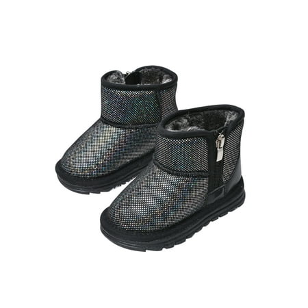 

Ferndule Girls Plush Lined Winter Boots School Breathable Side Zip Snow Boot Casual Glitter Warm Shoes Bright Black 9C