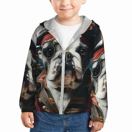 

Gaeub Pirate Bulldog On Deck Print Athletic Sun Protection Hoodie for Kids Long Sleeve Outdoor UV Shirt Running Fishing Top for Boys Girls-5 Years