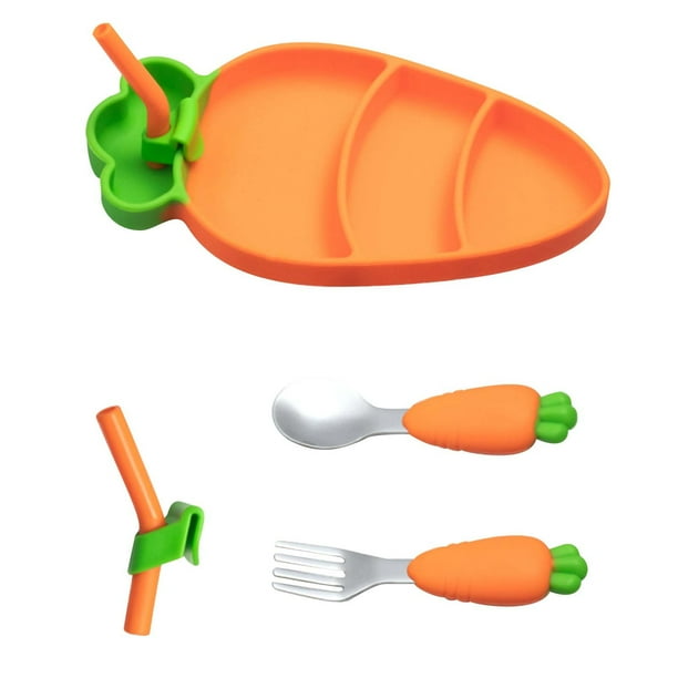 Fiudx Liquidación de ahorros de otoño Bandeja de silicona con ventosa para comida de bebé con forma de zanahoria para niños, juego de utensilios para comida de bebé