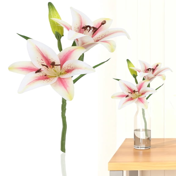 Tangled Flower, Artificial Lily Bouquet Pink White 2 Heads per Stem, Lifelike Simulation Flower for Wedding, Home, and Spring Decoration, UV Resistant Faux Plant