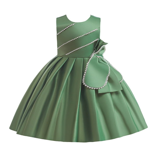 Robes pour Filles Sans Manches Couleur Unie Nœud Volants Soirée Mariage Robe Verte 3-4 Ans