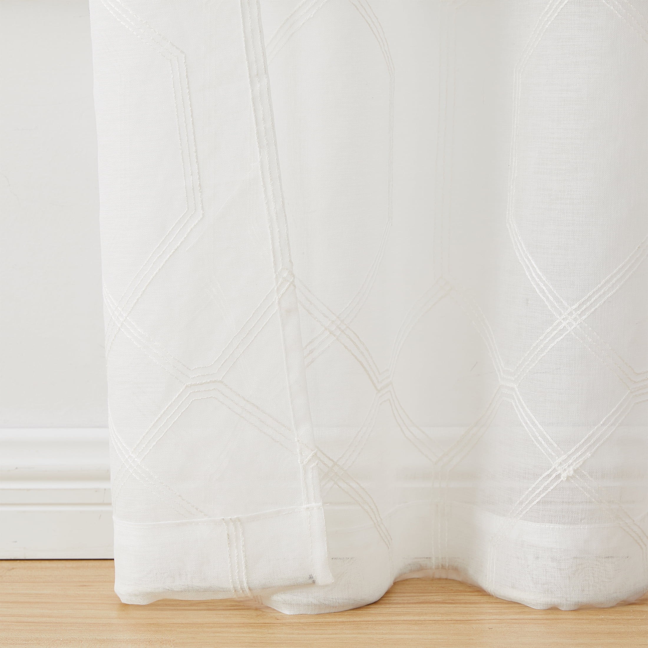 Mainstays Modern Geometric Embroidered Rod Pocket Sheer Curtains, Set of 4, White, 28" W x 63" L