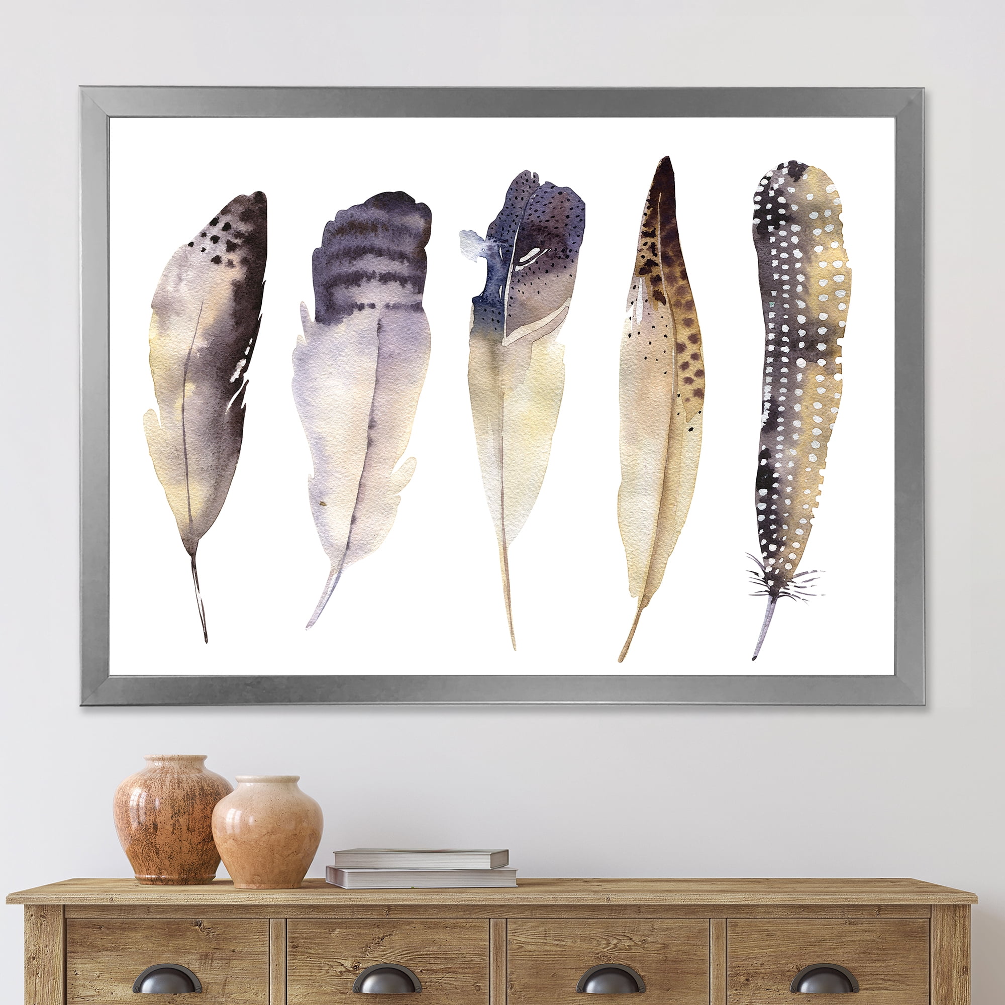 Designart 'Dark Gray Feathers Boho Ethnic II' Bohemian & Eclectic Framed Art Print