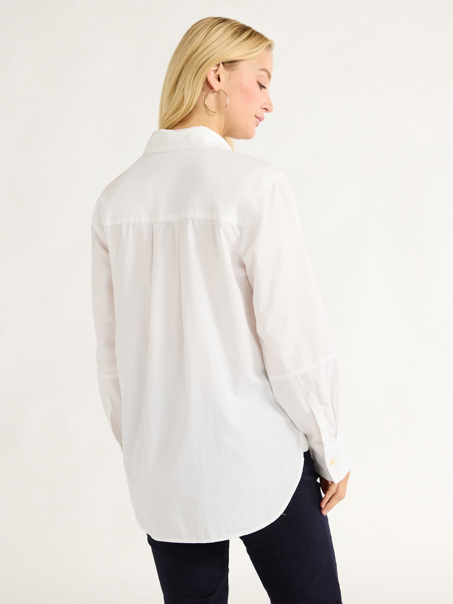 Free Assembly Women’s and Women's Plus Button Front Boxy Cotton Tunic Shirt with Long Sleeves, Sizes XS-4X