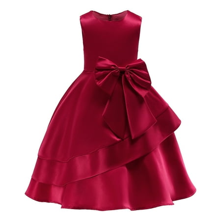

1pc Girls Skirt Elegant Sleeveless Summer Dress Bowknot Decor Children Performance Dress - Claret (Size 150# Suggest Height 140