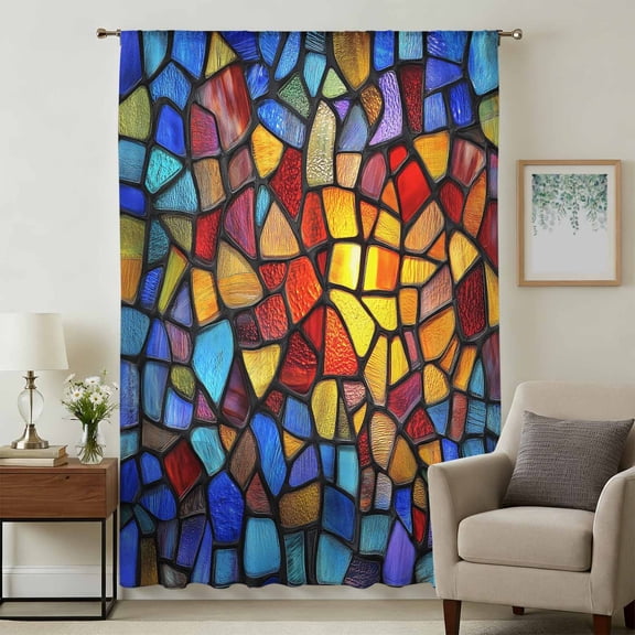 Blue Red Yellow Sheer Curtains 45 Inches Long, Modern Colored Rainbow Stained Glass Light Filering Curtains, Breathable Simi Curtain Privacy Drapes for Kitchen Bathroom Small Window Treatment