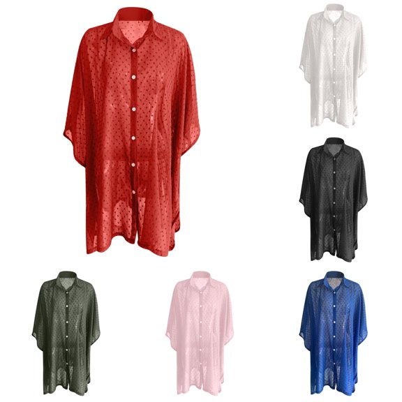 Swimsuit Cover Up for Women Plus Size Bathing Suit Cover Up Button Up Shirts Dots Splicing Casual Beach Cover Ups Summer Cover up Cardigan S