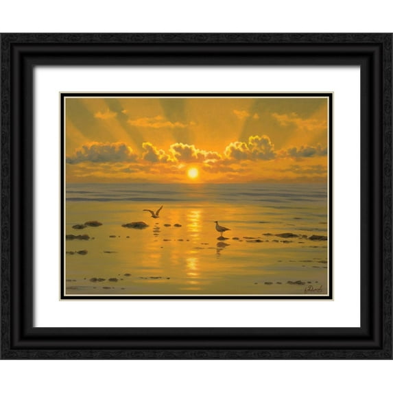 Adamov, Alexey 18x15 Black Ornate Wood Framed with Double Matting Museum Art Print Titled - Sunset over the Sea with Seagulls III