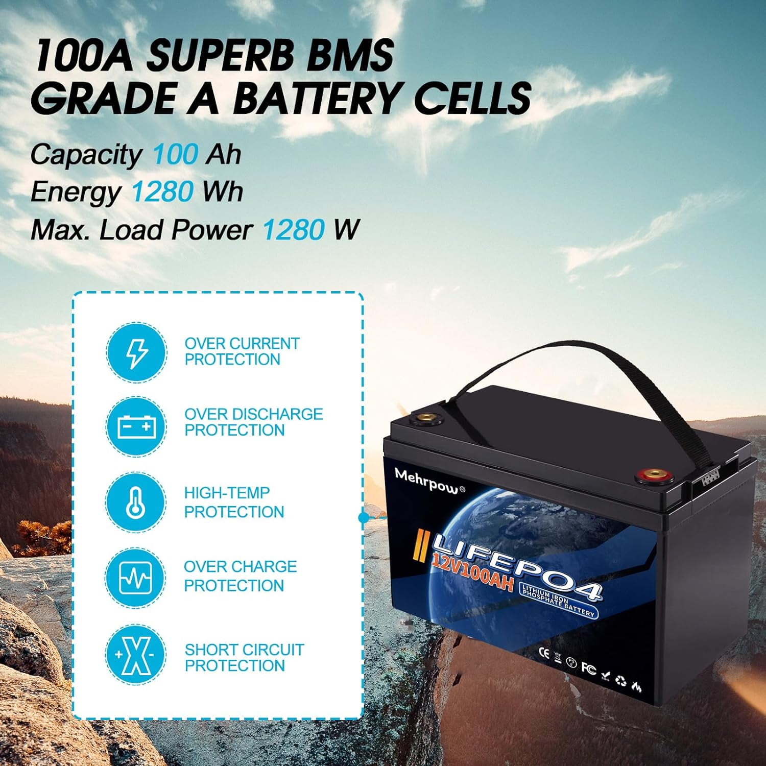 12V 100Ah LiFePO4 Lithium Battery, Bluetooth Lithium Battery,Up to 20000 Cycles, 100A BMS, Max.1280Wh Energy with 10 Years Lifetime Low Temp Cut off, Perfect for Trolling Motor,RV, Solar