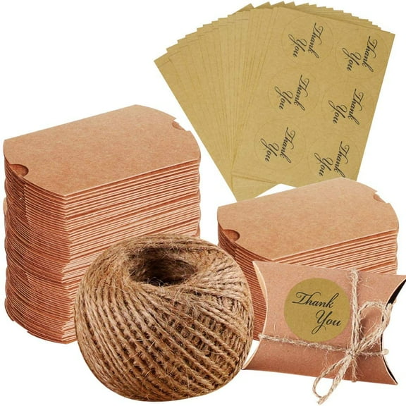 100PCS Kraft Paper Pillow Box Candy Favor Boxes for Christmas Wedding Party Favor   Jute Twine   102PCS Thank You Stickers