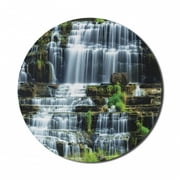Rainforest Mouse Pad for Computers, Waterfall in the Middle of Tropical Jungle Natural Scenery Countryside Style, Round Non-Slip Thick Rubber Modern Mousepad, 8" Round, Green White, by Ambesonne